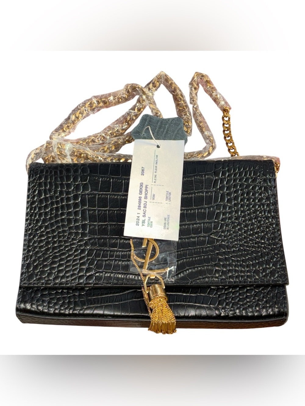 Croc-Embossed Black Shoulder Bag with Gold Tassel Accent